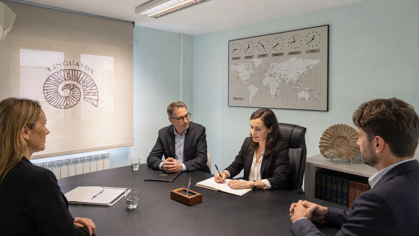 Sesión de interpretación consecutiva en una reunión de negocios