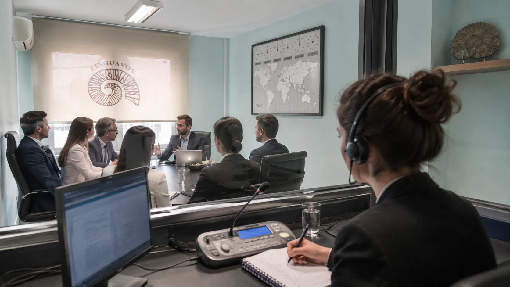 Intérpretes en cabina trabajando simultáneamente