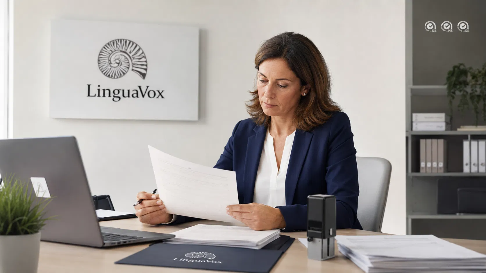 Traductor jurado firmando y sellando un documento oficial en España